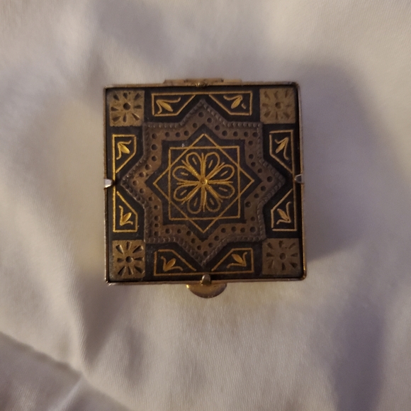 Vintage Spain Jewelry - Damascene Gold Geometric Square Mini Pill Box by Midas of Toledo Spain